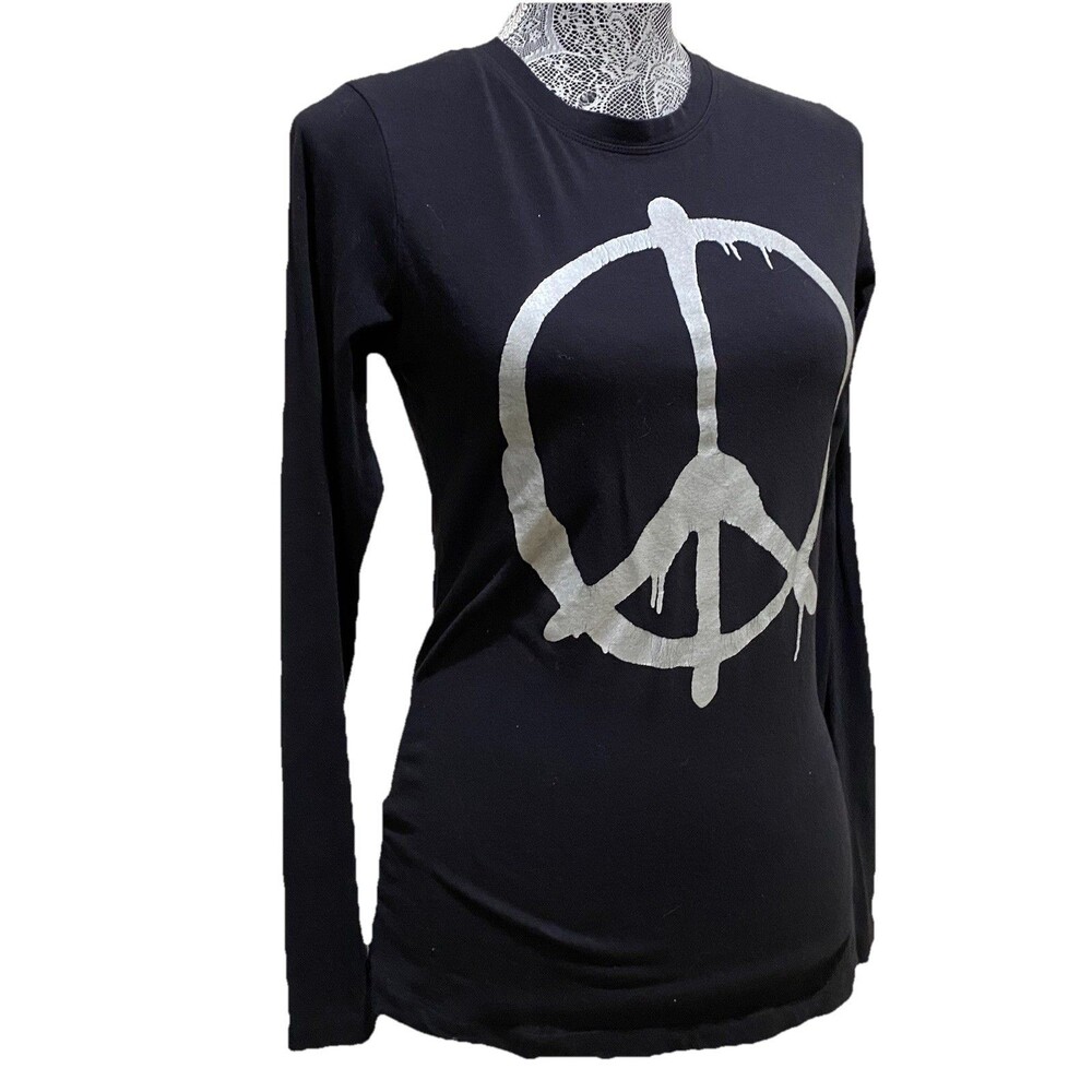 ISDA & CO Peace Sign Graphic Long Sleeve Black Metallic Foil Stretch Top XS - Picture 4 of 15